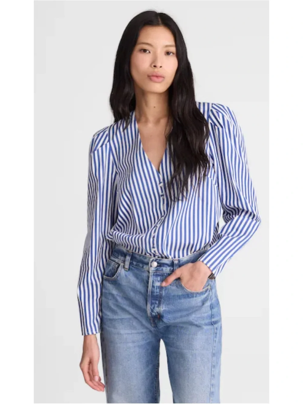 Madewell Stacked Button V-Neck Long Sleeve Top Poplin French Blue